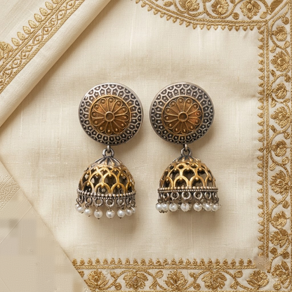 Oxidized Two-Tone Filigree Jhumka Earrings with Pearl Drops | Lady Zone