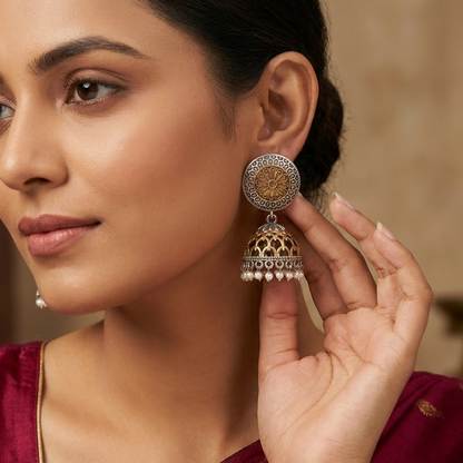 Oxidized Two-Tone Filigree Jhumka Earrings with Pearl Drops | Lady Zone