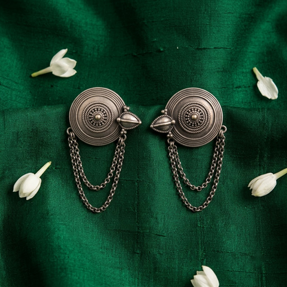 Geman Silver Medallion & Chain Fringe Statement Earrings | Lady Zone
