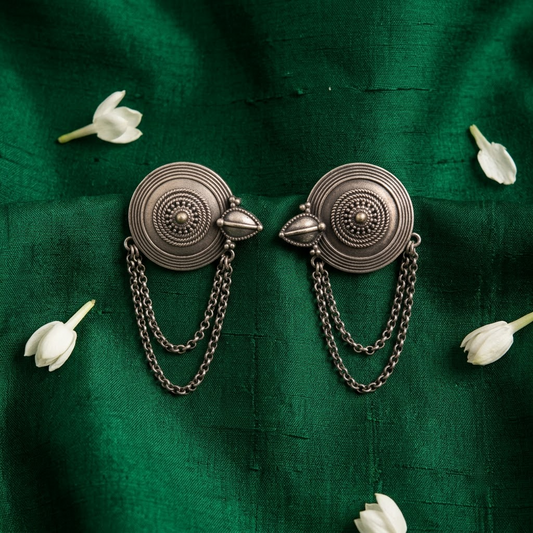 Geman Silver Medallion & Chain Fringe Statement Earrings | Lady Zone