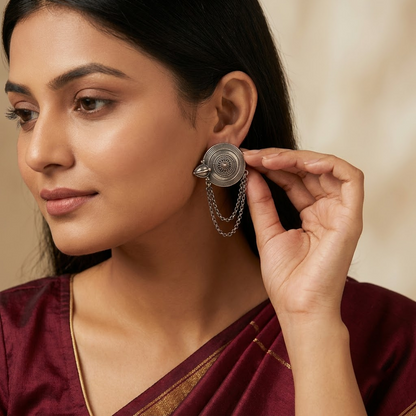 Geman Silver Medallion & Chain Fringe Statement Earrings | Lady Zone