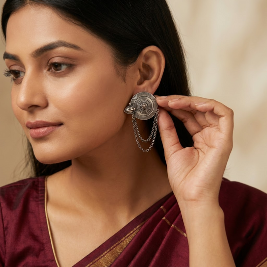 Geman Silver Medallion & Chain Fringe Statement Earrings | Lady Zone