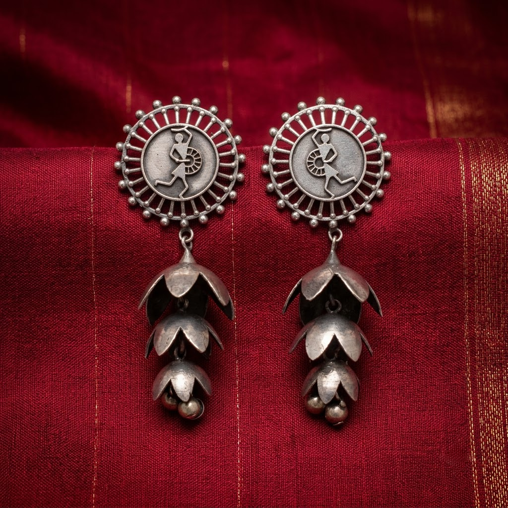 German Silver Warli Folk Art & Cascading Bell Statement Earrings | Lady Zone