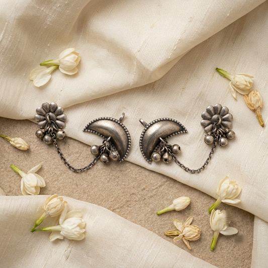 German Silver Floral & Crescent Chain-Link Statement Earrings | Lady Zone