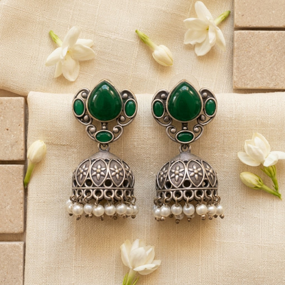 German Silver Emerald Teardrop & Beaded Jhumka Earrings | Lady Zone