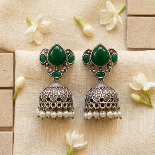 German Silver Emerald Teardrop & Beaded Jhumka Earrings | Lady Zone