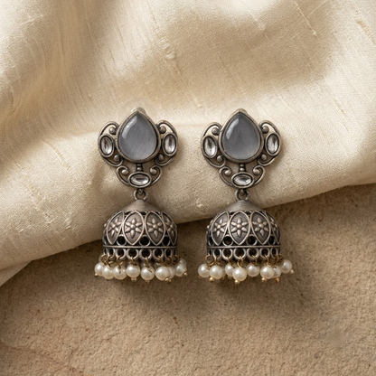 German Silver Emerald Teardrop & Beaded Jhumka Earrings | Lady Zone