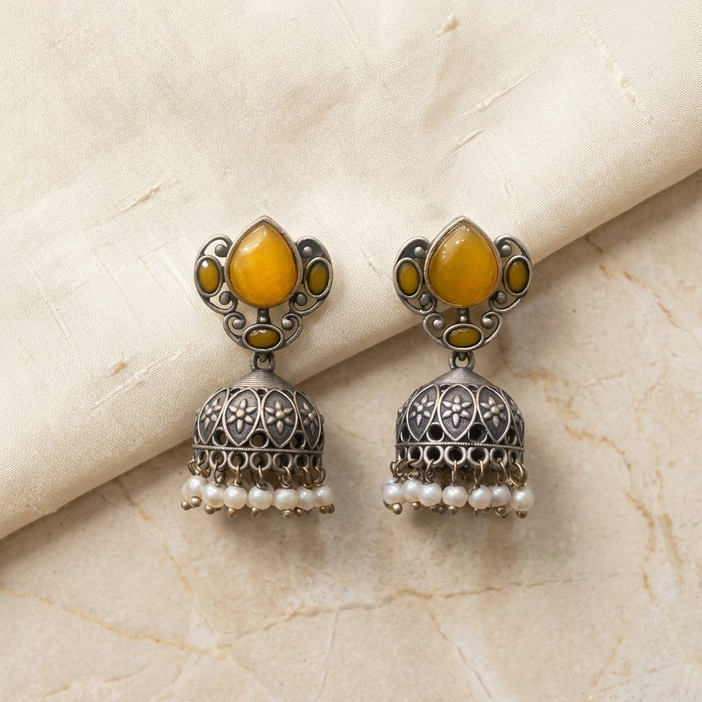 German Silver Emerald Teardrop & Beaded Jhumka Earrings | Lady Zone