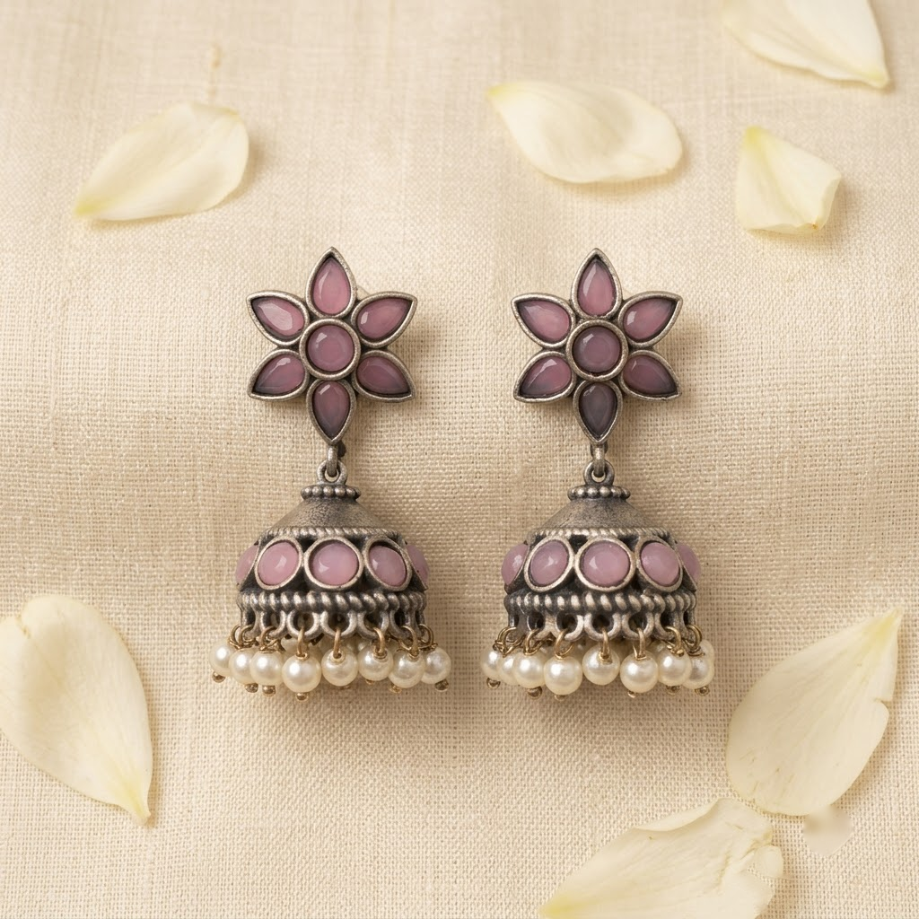 German Silver Emerald Floral Stud & Beaded Jhumka Earrings | Lady Zone