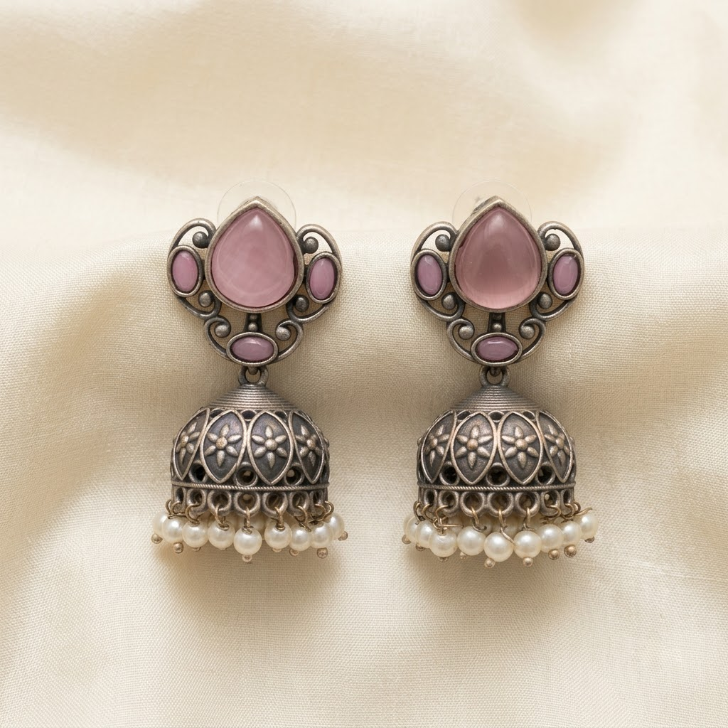 German Silver Emerald Teardrop & Beaded Jhumka Earrings | Lady Zone