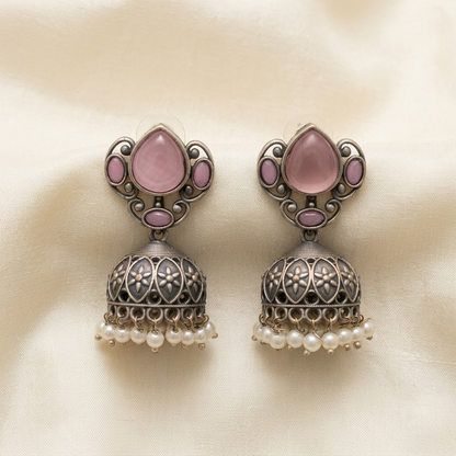 German Silver Emerald Teardrop & Beaded Jhumka Earrings | Lady Zone