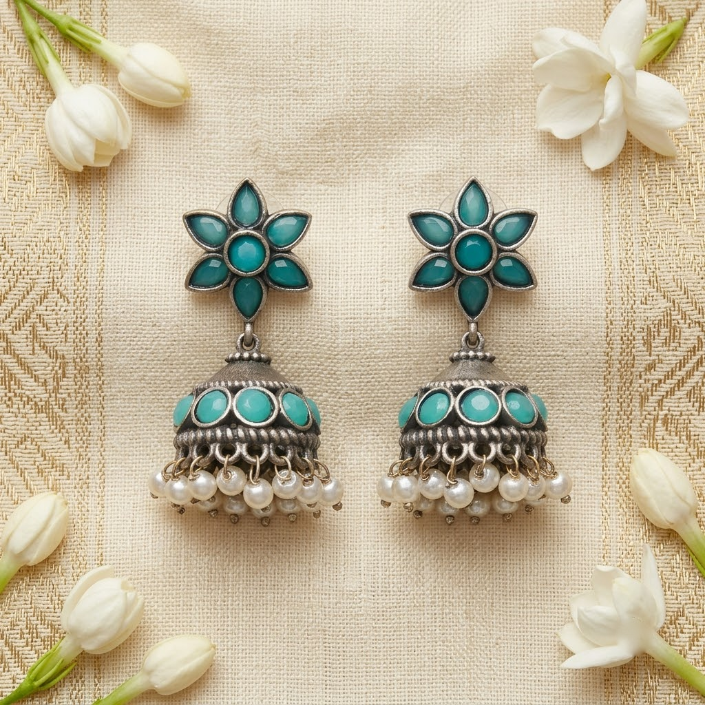 German Silver Emerald Floral Stud & Beaded Jhumka Earrings | Lady Zone