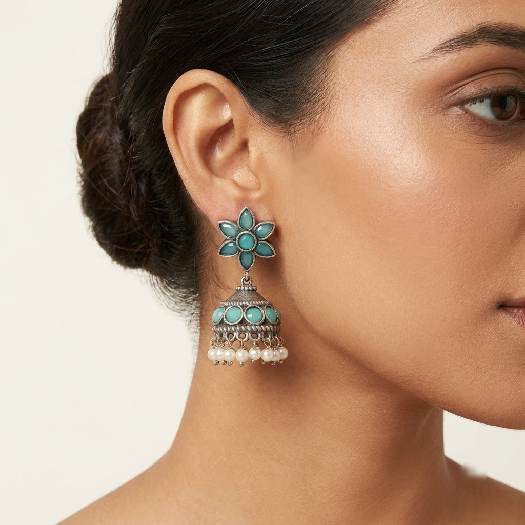German Silver Emerald Floral Stud & Beaded Jhumka Earrings | Lady Zone