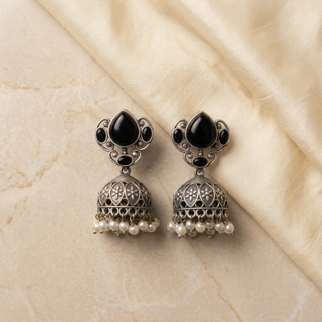 German Silver Emerald Teardrop & Beaded Jhumka Earrings | Lady Zone