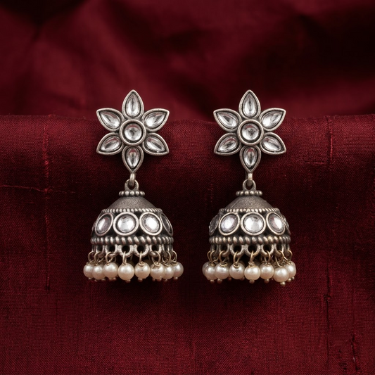German Silver Emerald Floral Stud & Beaded Jhumka Earrings | Lady Zone