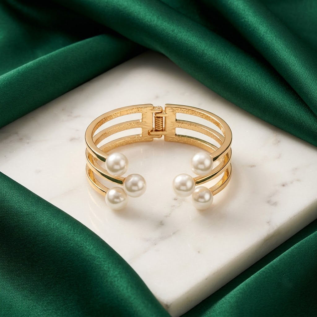 Golden Triple-Band & Cluster Pearl Open-End Hinged Cuff Bracelet | Lady Zone