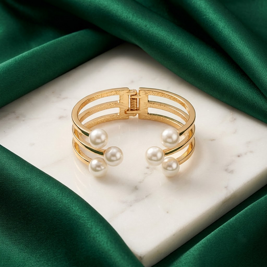 Golden Triple-Band & Cluster Pearl Open-End Hinged Cuff Bracelet | Lady Zone