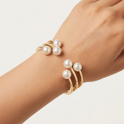 Golden Triple-Band & Cluster Pearl Open-End Hinged Cuff Bracelet | Lady Zone
