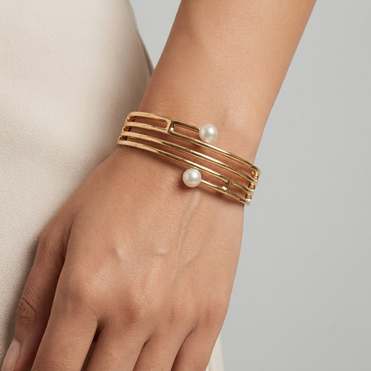 Golden Multi-Wire & Pearl Bypass Hinged Cuff Bracelet | Lady Zone