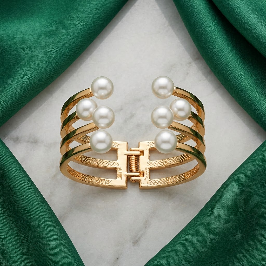 Golden Multi-Band & Pearl Open-End Hinged Cuff Bracelet | Lady Zone