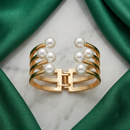 Golden Multi-Band & Pearl Open-End Hinged Cuff Bracelet | Lady Zone