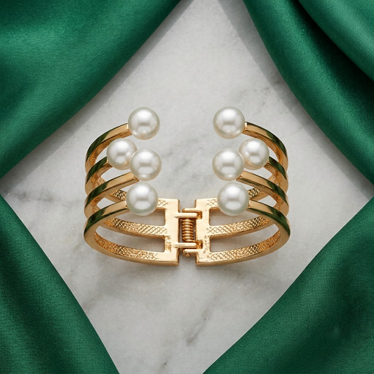 Golden Multi-Band & Pearl Open-End Hinged Cuff Bracelet | Lady Zone