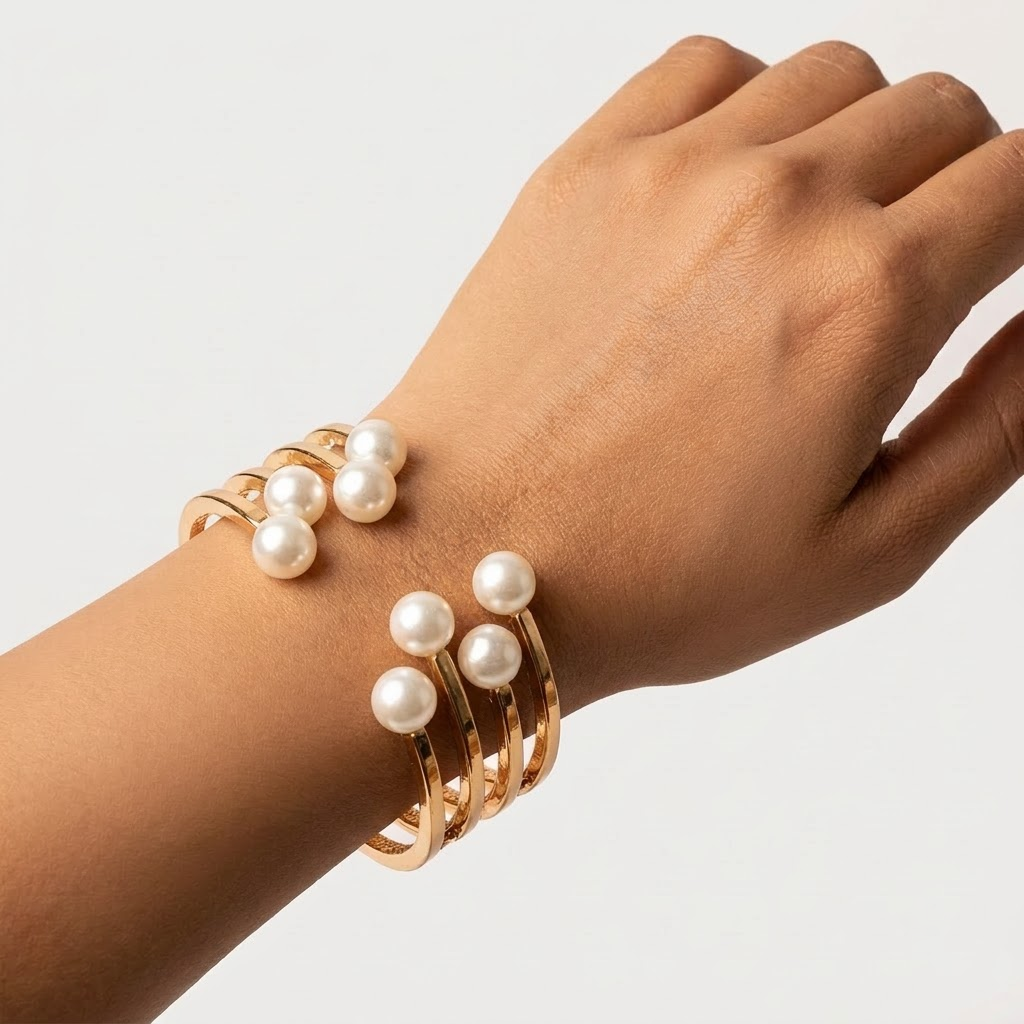 Golden Multi-Band & Pearl Open-End Hinged Cuff Bracelet | Lady Zone