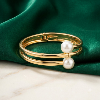 Golden Double-Band Pearl Terminal Bypass Hinged Cuff Bracelet | Lady Zone