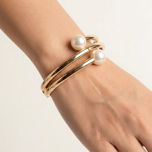 Golden Double-Band Pearl Terminal Bypass Hinged Cuff Bracelet | Lady Zone