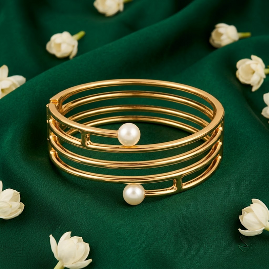 Golden Multi-Wire & Pearl Bypass Hinged Cuff Bracelet | Lady Zone