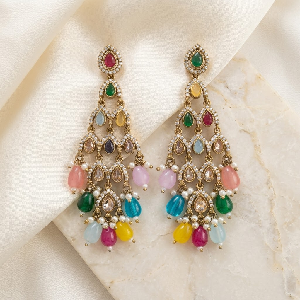 Multicolor Gemstone Multi-Tiered Chandelier & Beaded Statement Earrings | Lady Zone