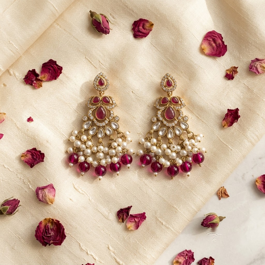 Golden Pink Quartz & Pearl Cluster Drop Earrings | Lady Zone