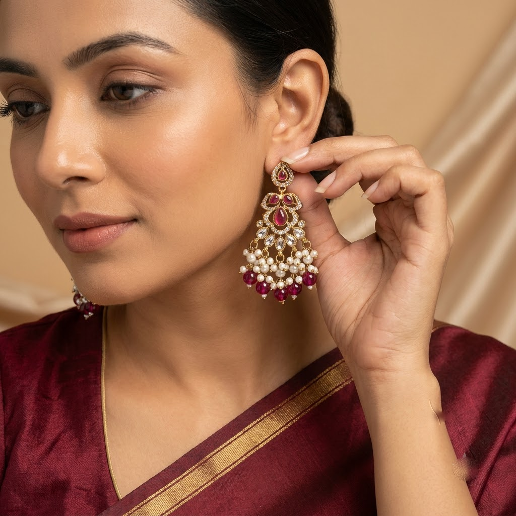 Golden Pink Quartz & Pearl Cluster Drop Earrings | Lady Zone