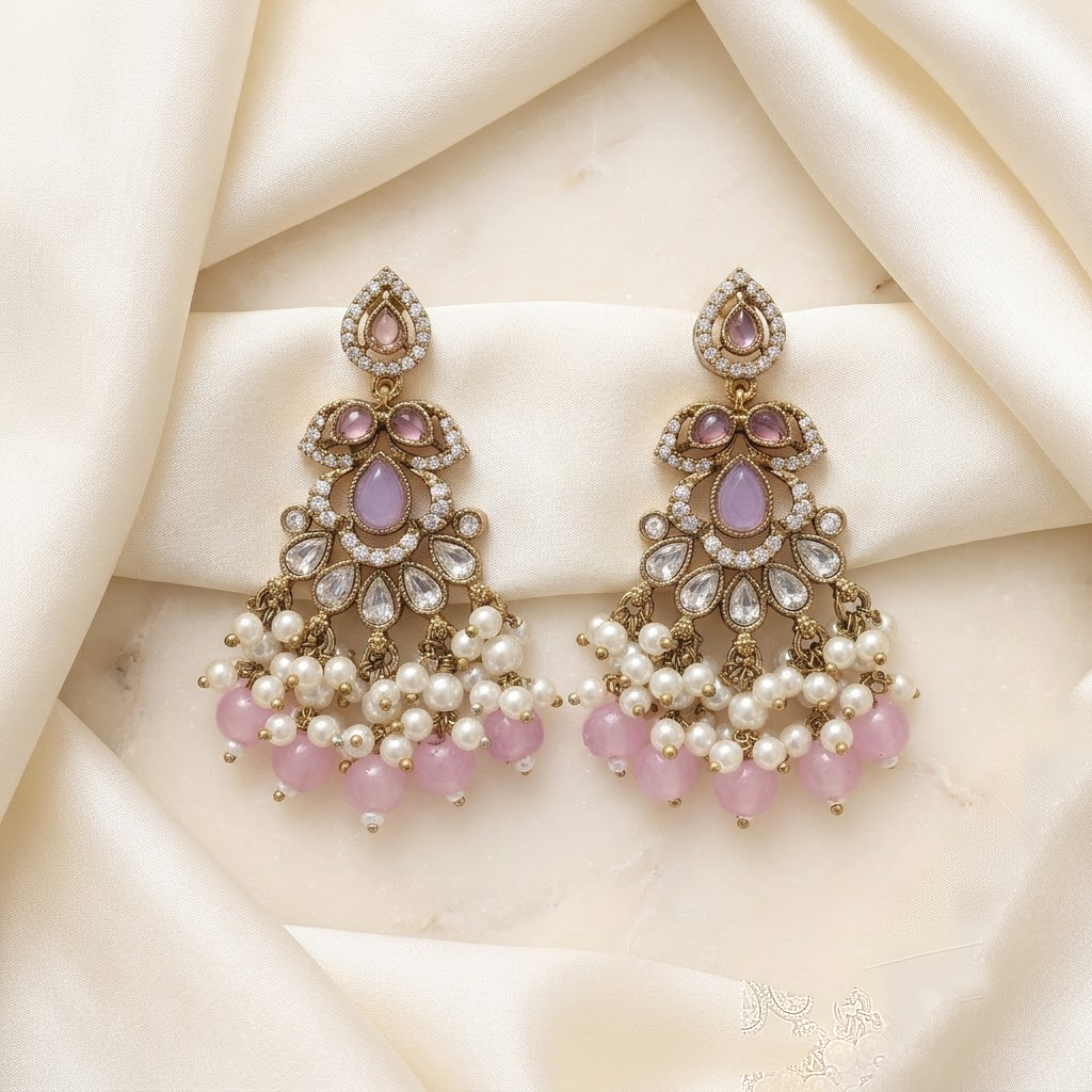 Golden Pink Quartz & Pearl Cluster Drop Earrings | Lady Zone