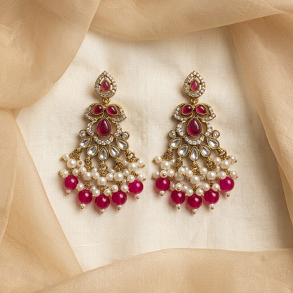 Golden Pink Quartz & Pearl Cluster Drop Earrings | Lady Zone