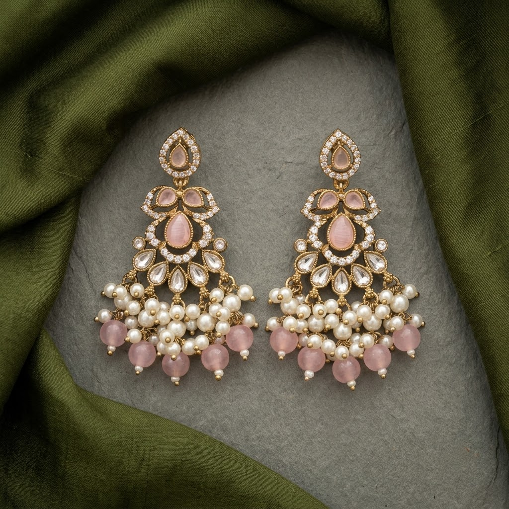 Golden Pink Quartz & Pearl Cluster Drop Earrings | Lady Zone