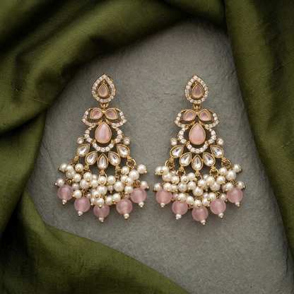 Golden Pink Quartz & Pearl Cluster Drop Earrings | Lady Zone