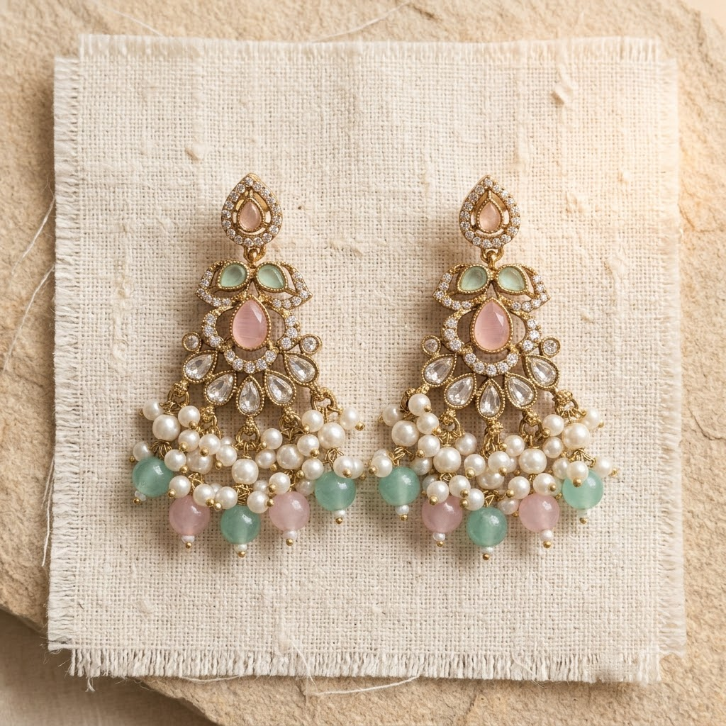 Golden Pink Quartz & Pearl Cluster Drop Earrings | Lady Zone