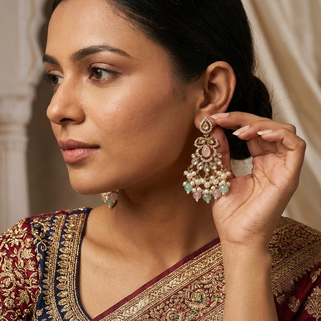 Golden Pink Quartz & Pearl Cluster Drop Earrings | Lady Zone