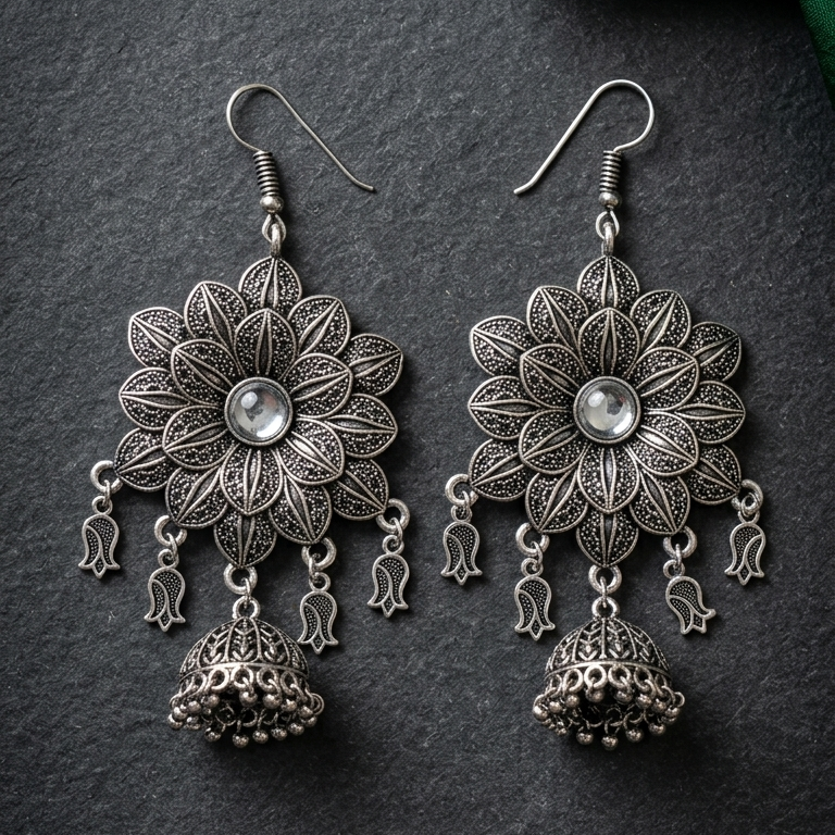 Oxidised Floral Jhumka Earrings for Women | Lady Zone