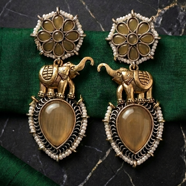 German Silver Elephant Floral Pattern Drop Earrings for Women | Lady Zone