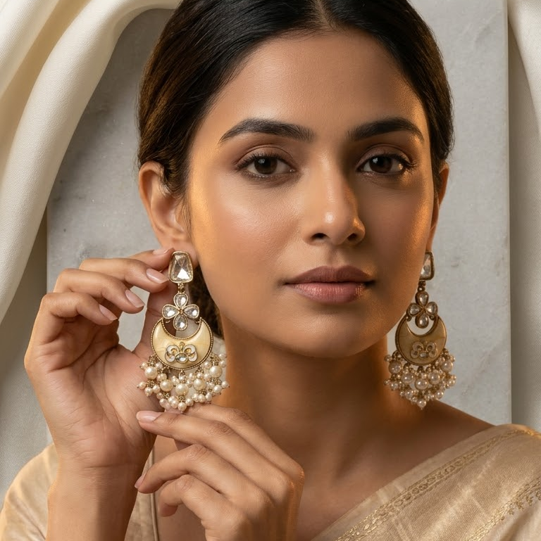 Enamel & Kundan Chandbali Drop Earrings | Lady Zone