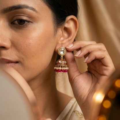 Round Kundan & Enamel Jhumka Earrings | Lady Zone