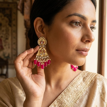 Enamel & Kundan Floral Drop Earrings | Lady Zone
