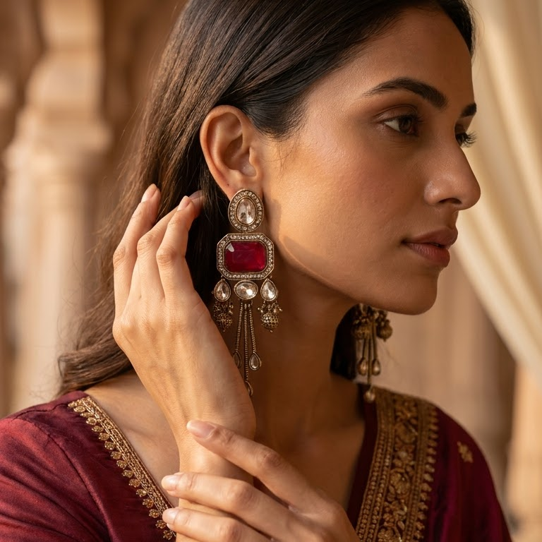 Statement Kundan & Colored Stone Chandelier Earrings | Lady Zone