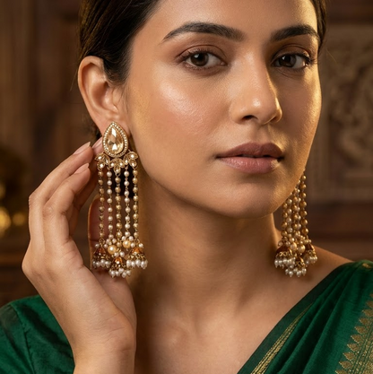 Statement Teardrop Kundan & Pearl Chain Jhumkas | Lady Zone