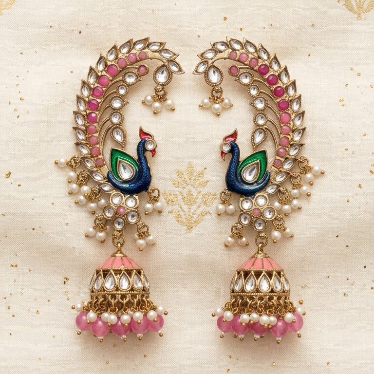 Statement Enamel Peacock Ear-Framing Jhumkas | Lady Zone