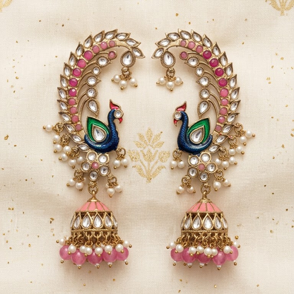 Statement Enamel Peacock Ear-Framing Jhumkas | Lady Zone