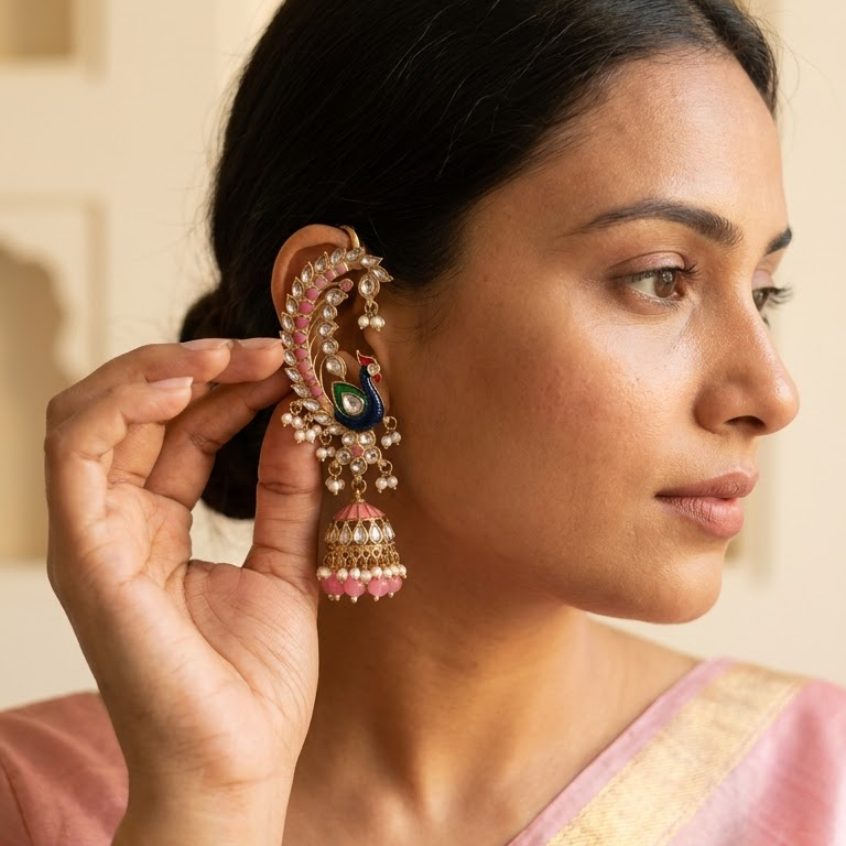 Statement Enamel Peacock Ear-Framing Jhumkas | Lady Zone