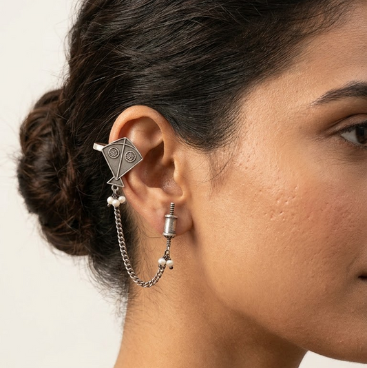 German Silver Kite & Pearl Chain Drop Earrings | Lady Zone